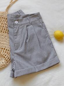 SHEIN EZwear 适合日常穿着的女士休闲条纹纽扣短裤 - 黑色 - 查看 6
