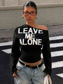 Muchica Femmes T-shirt à manches courtes et longues, taille cintrée, épaules obliques, imprimé lettres, en tricot noir, printemps/été - Noir - Voir 6