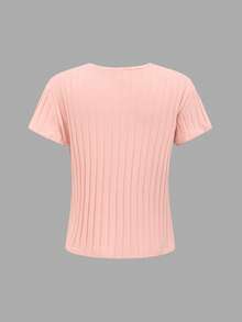 SHEIN Áo thun ngắn tay cổ tròn màu trơn, chất liệu gân, thích hợp mặc mùa hè, dành cho bé gái tuổi teen. - Nhiều màu - Xem 10