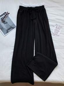 SHEIN EZwear Women Contrast Color Contrast Lace Drawstring Waist Loose Wide Leg Casual Pants - Black - View 5