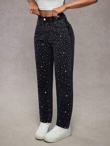 SHEIN Tall 水钻装饰高腰口袋休闲水洗锥形牛仔裤 - 黑色 - 查看 4