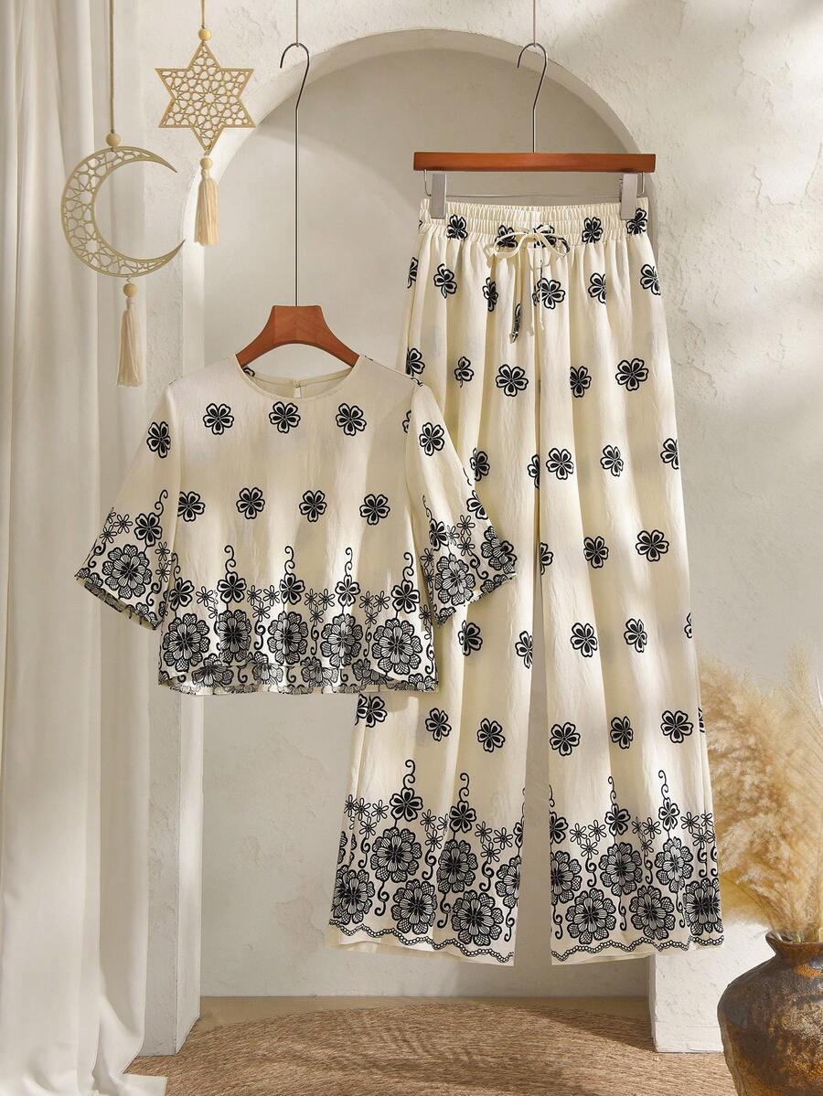 Rusticease 2pcs Women Floral Print Top And Pants Set, Casual Holiday Outfit - Multicolor - View 1