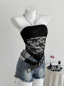 SHEIN EZwear 性感蕾絲抹胸上衣搭配方巾 - 黑色 - 查看 5