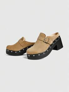 Sugerpunk Women's Retro Buckle Strap High Heel Sandals, Fashionable Casual Chunky Heel Mules - Khaki - View 4