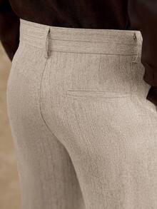 Core Aspect 杏色长款平纹梭织男士西装裤，带口袋，商务通勤风格，男士亚麻高腰裤，男士褶裥西装裤，米色男士西裤 - 杏色 - 查看 3