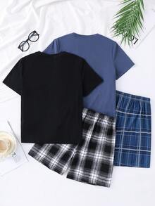 SHEIN 4pcs Tween Boy Plaid Pattern Round Neck Short Sleeve Shorts Loose Casual Pajama Set, Buy 1 Get 1 Free Super Value,Kids - Multicolor - View 4