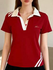 Glimmora 女士字母印花撞色 Polo 领短袖休闲 T 恤 - 紅色 - 查看 3