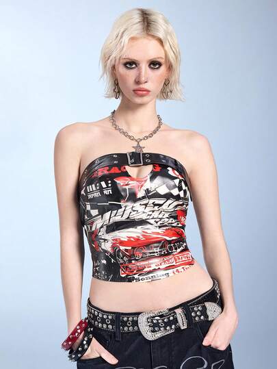 ROMWE Avant Women's Retro Biker Chic Sexy Motorcycle Print Buckle Strap Decorated Tube Top