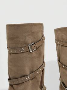 Daringsoles Women's Square Toe Western Style Studded Design Fashion High Heel Knee-High Boots - Khaki - View 5