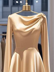 GlowEve Women's Shiny Woven Fabric Round Neck Raglan Sleeve Cinched Waist A-Line Elegant Short Dress, Suitable For Everyday Wear, Autumn/Winter - Apricot - View 4