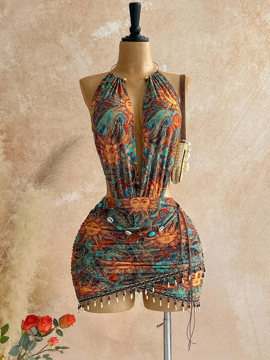 Soleia Đầm mini ôm sát gợi cảm họa tiết vintage bằng vải lưới, cổ khoét sâu, đính hạt cườm dành cho nữ cỡ lớn, thích hợp cho các bữa tiệc ngày lễ, Giáng sinh, hẹn hò, hộp đêm, phong cách Bohemian, Boho, kỳ nghỉ, mùa thu.