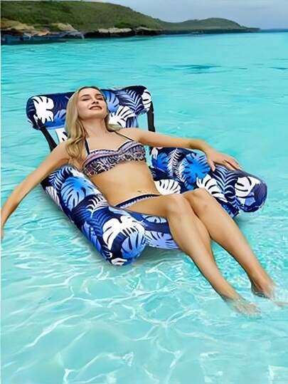 1pc Floating Pool Lounge Chair, Adult Inflatable Pool Hammock Chair, Pool Floating Bed Chair, Floating Pool Sofa With Blue Floral Pattern, Suitable For Summer Pool Party