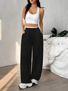 Rhythm Era 大码女式运动瑜伽户外健身宽松抽绳腰带口袋阔腿裤 - 黑色 - 查看 5