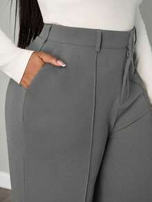 SHEIN PETITE CURVE Calça feminina plus size casual para o dia a dia no escritório, minimalista e versátil, de cor sólida, com costura frontal e pernas largas. - Cinza - Ver 4