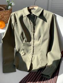 SHEIN EZwear 女式休闲军绿色抽绳后背衬衫 - 軍綠色 - 查看 5