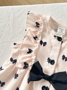 SHEIN 1pc Newborn Baby Girl Round Neck Sleeveless Bow Tie Print Button Up Black And Apricot Cute Casual Vest Dress With Round Hat, Suitable For Summer Outings Or Travel - Black and White - View 4