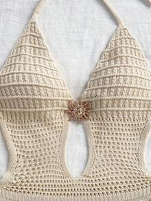 Soleia Women's V-Neck Halter Tie Back Fitted Sweater Dress, Bohemian, Boho, Vacation, Autumn/Winter - Apricot - View 6