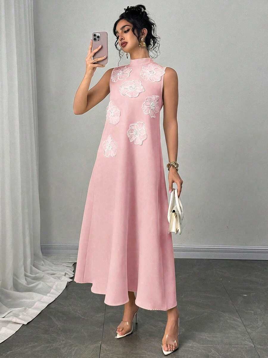 Modelyn 女士优雅奢华宽松刺绣花卉长款A字连衣裙，浅黄色
