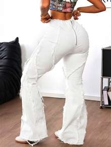 SHEIN ICON 女士休闲时尚街头风日常通勤毛边喇叭牛仔裤 - 白色 - 查看 2