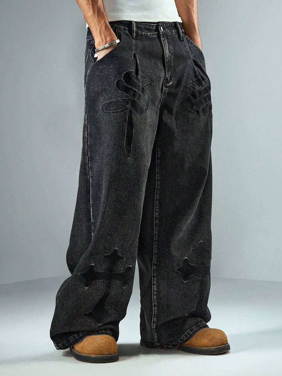 ROMWE MEN Men's Casual Fashion Street Cross Pattern Washed Loose Wide-Leg Jeans - Black - View 1