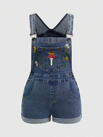 Fairycore Plus Size Women Casual Overalls, Countryside Style Mushroom Embroidery Denim Jumpsuit