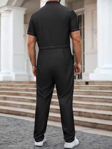 Manfinity Homme Men's Casual Everyday Commute Fashion Street Contrast Stitch Drawstring Waist Cargo Jumpsuit Pants, Spring/Summer/Autumn Men Black Jumpsuit Mens Overall Men Jumpsuit Men Black Overall Mens Summer Overall Old Money,Daily Leisure, Weekend Trips, Outdoor Activities, Travel Expeditions, Relaxed Work Environments , Boyfriend/Husband Gift, Anniversary /Birthday Gift Party Summer Vacation Holiday New Years Wedding Valentine's Day Men Summer Jumpsuit