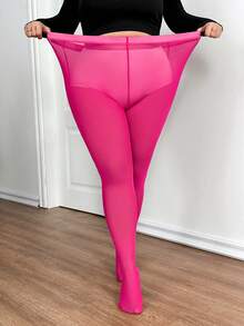 SHEIN CURVE+ Plus Size Women Solid Color Fashionable Sheer High Stretch Leggings Plus Size Leggings - Hot Pink - View 5
