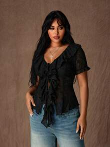 Rustia 大码女式V领荷叶边拼接系带休闲百搭短袖衬衫 - 黑色 - 查看 1