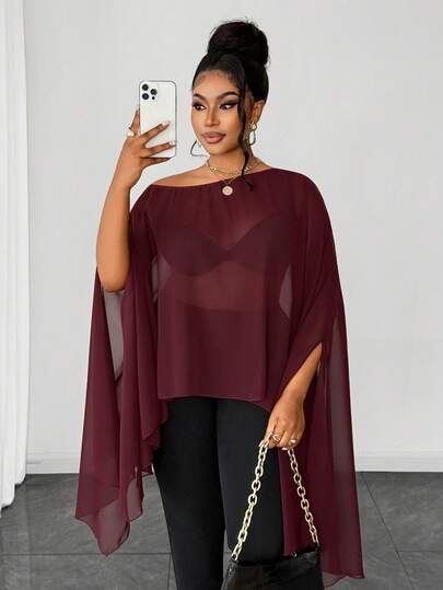 Maweii Plusstorlek Dam Sommar Enfärgad Halvtransparent Asymmetrisk Fåll Långärmad Blus, Elegant, Modern, Ledig, Pendling, Affärskontor, Daglig Ledig, Mångsidig, Charmig, Lämplig för examen, Dejtkväll, Helgdagar, Sexig