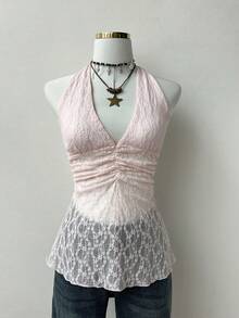 Elamini New Sweet & Elegant V-Neck Spaghetti Strap Lace Sleeveless Camisole For Summer - Pink - View 1