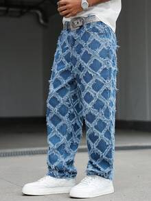 Manfinity EMRG Quần jeans denim jacquard rách rưới kiểu cổ điển, unisex - Màu xanh lam - Xem 5