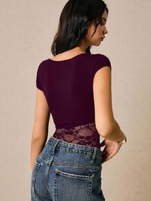 Poéselle Women's Elegant Dark Burgundy Lace Sleeveless Bodysuit Night Out Autumn - Red Violet - View 3