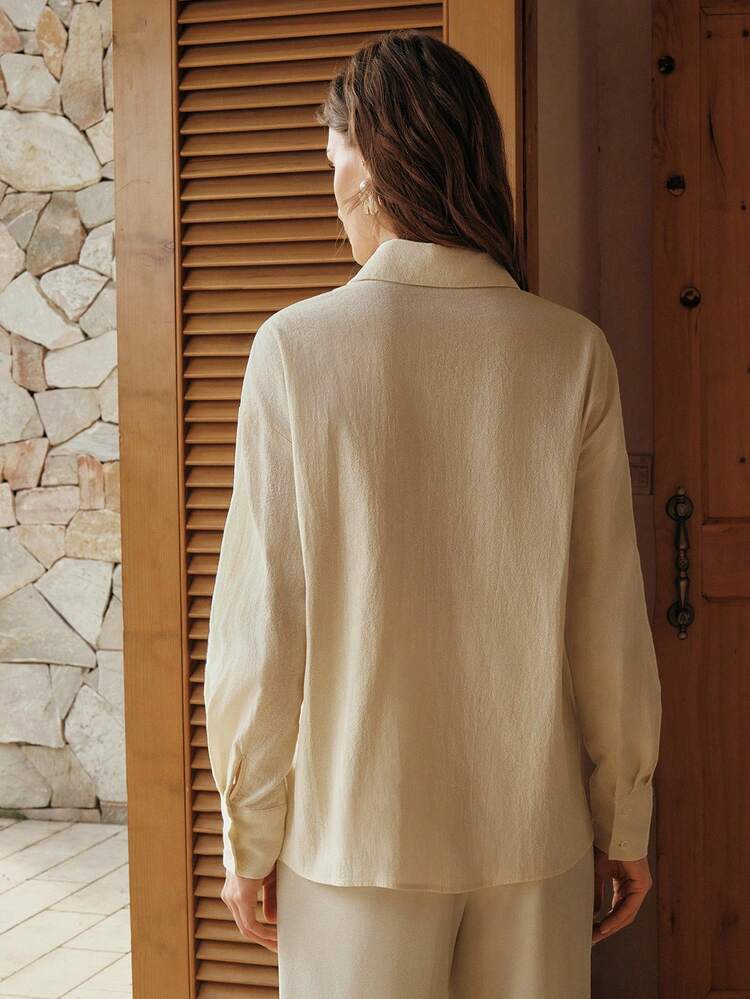 Women's Elegant Casual Loose Fit Beige Long Sleeve Shirt With Embroidered Pearl Decor, Spring