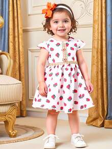 SHEIN Adorable Baby Girl Strawberry Print Flounce Sleeve Ruffle A Line Short Dress White,Summer,Cute,First Birthday Baby Girls Multicolor Party Dress - Multicolor - View 7