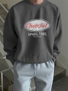 DAZY Men's Letter Print Design Crew Neck Boxy Short Grey Pullover Sweatshirt, Autumn/Winter - Grey - View 2