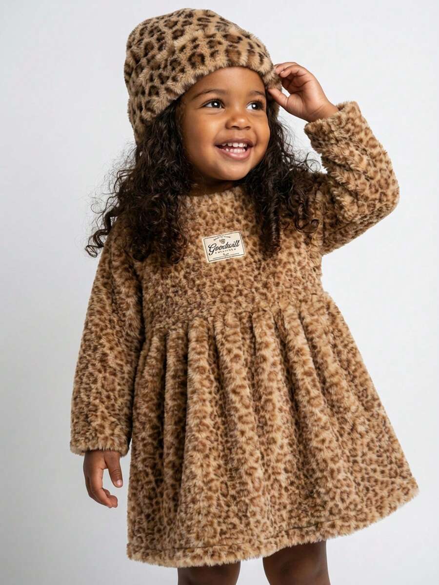 SHEIN Baby Girls' Fashionable Cute Leopard Print Dress,Christmas Family Gathering - Pink - View 1