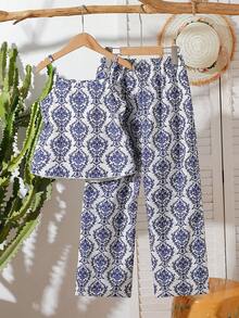 SHEIN Tween Girl Casual Sweet Crinkle Textured Shirred Elastic Camisole Top Paired With Loose Wide Leg Pants 2 Pieces Set, Suitable For Daily, Vacation, Sisters Photo, Spring/Summer Outfit Clothes,Holiday,Summer,Travel - Blue - View 2