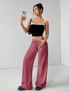 PETITE Pantalones de chándal cómodos y casuales de punto llano con cintura baja y pierna ancha para mujer - Color caoba - Ver 4
