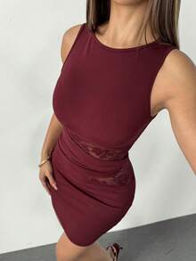 SHEIN PETITE 夏季女士黑色优雅蕾丝拼接真挚长裙，优雅女士连衣裙，派对女士服装，新年女士连衣裙，黑色女士连衣裙 - 酒紅色 - 查看 6