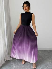 Elenzga Đầm xếp ly ombre màu đen, kiểu dáng thanh lịch, thường ngày dành cho nữ - Màu tím - Xem 5