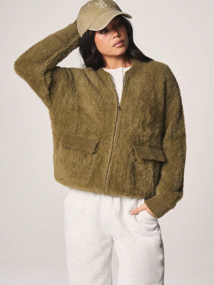 MISSGUIDED Praktische Reißverschluss Teddy-Bär Strickjacke mit Taschen, Langarm, oversized, kuschelig für Herbst und Winter