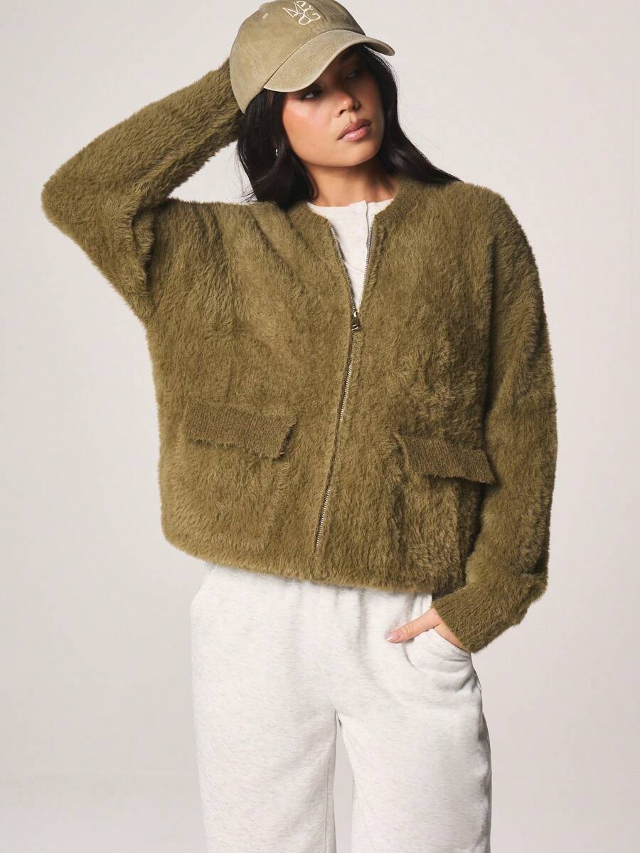 MISSGUIDED 实用拉链泰迪熊图案开衫毛衣，带口袋，长袖，宽松版型，秋冬舒适外套 - 綠色 - 查看 1