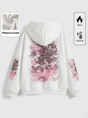 Grunge Punk Vintage Romantic Rose Floral Vine Heart Rhinestone Embellished Pullover Sweatshirt, Autumn/Winter