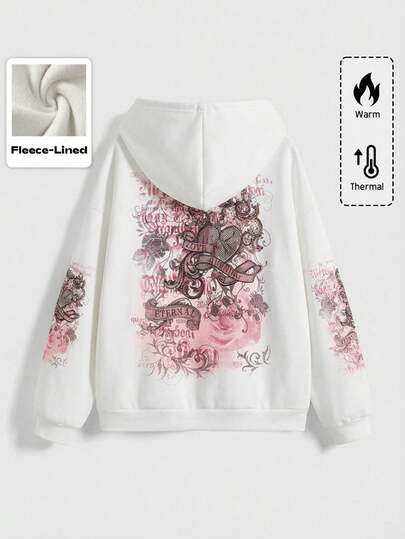 Grunge Punk Vintage romantischer Pullover mit Rosen-Blumen-Ranke, Herz-Strass-Verzierung, Herbst/Winter