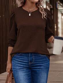 EMERY ROSE Fashionable Casual New Puff Sleeve Round Neck Plus Size T-Shirt - Coffee Brown - View 1