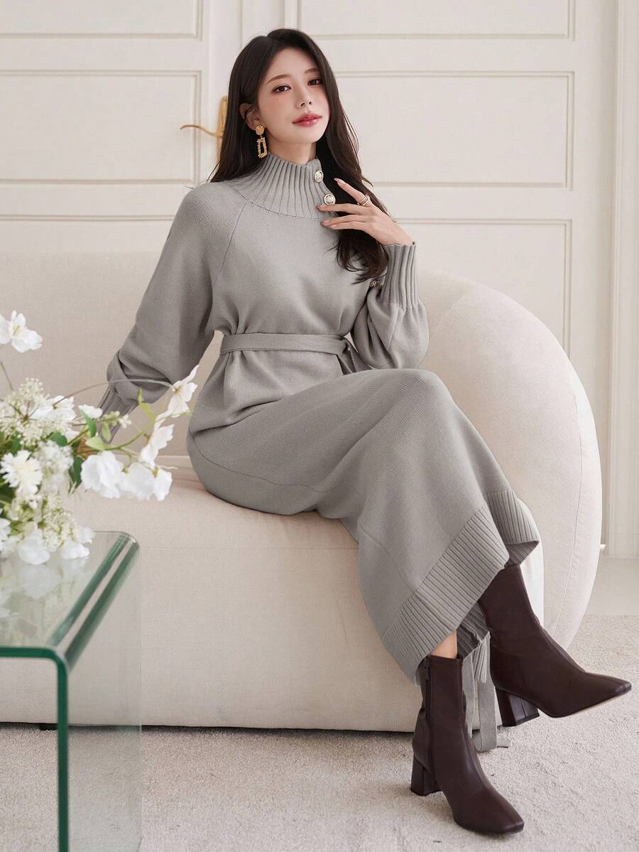 DAZY 女士休闲纯色高领系带毛衣连衣裙,秋冬款 - 淺灰色 - 查看 1