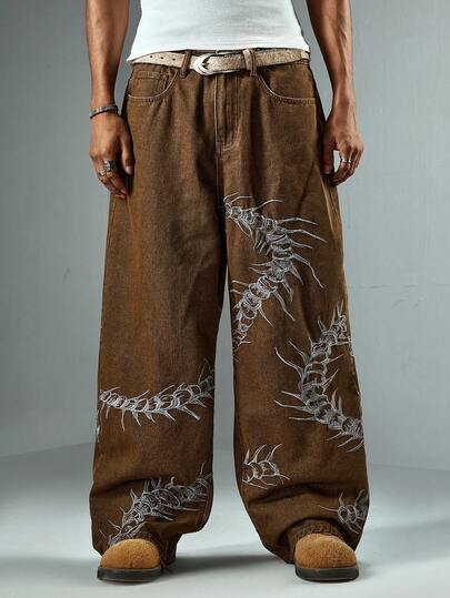 Street Life Herren Jeans mit weitem Bein, locker geschnitten, vielseitig einsetzbar, mit bestickter Tasche mit Skorpion-Motiv
