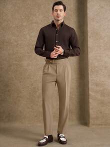 Core Aspect Pantalones de lino de unicolor para hombre con doble pliegue y presillas para cinturón, pantalones rectos casuales y de negocios con pierna recta y tiro corto - Caqui - Ver 5