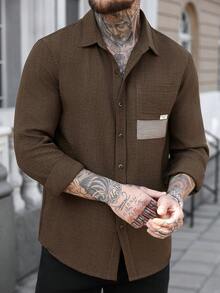 Manfinity Homme 复古棕色纹理长袖衬衫，撞色口袋设计，休闲百搭男士衬衫，棕色纽扣男士长袖休闲衬衫，带两个口袋的男士长袖衬衫 - 咖啡棕 - 查看 3