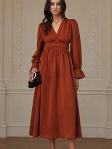 Chiquease Vestido elegante y vintage con cuello en V, fruncido y decoración de botones para mujer - Óxido marrón - Ver 6